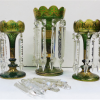c1900-green-Bohemian-glass-Garniture-3pce-Lustres-heavily-gilded-with-staple-repairs-35-28-cms-H-Sold-for-224-2021