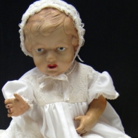 Vintage PALITOY Celluloid BABY DOLL, Moulded Hair, Open Mouth, in white lace dress, H55cm - Sold for $159 - 2009