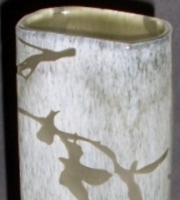 Tall CAMEO Cut ART GLASS Vase - Sparse MAGNOLIA like Branch design in white & grey, unmarked base - 355cm H - Sold for $55 - 2012
