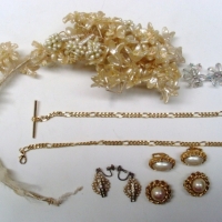 Group lot - 1950's ornate wax flower wedding hair piece for veil & vintage costume earrings, gplate fob chain etc - Sold for $37 - 2012