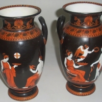 Pair of 19th Century SAMUEL ALCOCK & Co Vases - Classical Greek figures & design to bodies, handles to 2 sides of each, both marked to base & bo - Sold for $159 - 2012