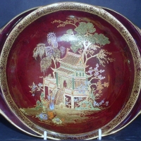 CARLTON WARE Rouge Royale Oval shaped Dish - Oriental PAGODA Design w Hand Jewelled Highlights - details to base - 165cm L - Sold for $92 - 2012
