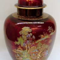 Large  CROWN DEVON lidded GINGER JAR with Hdecorated Oriental pagoda & landscape design to front & back on a maroon Rouge Royal like ground - Sold for $171 - 2012