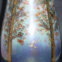 1930's CROWN DEVON Lustre vase - HDecorated design w Poppies, Tall Trees & Birds up & around entire body, Blue ground, all marks to base - 24cm - Sold for $116 - 2012