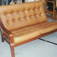 1970's FRED LOWEN Designed TESSA Leather Lounge Suite - 2 Seater, 2 x Arm Chairs & Smoked glass coffee table - all Moulded Wooden frames, fab  - Sold for $415 - 2012