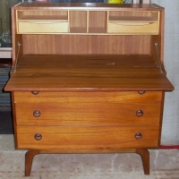 1960's TEAK Veneer BUREAU, foldout desk section, 3 drawers to lower on stylish base - Sold for $207 - 2012