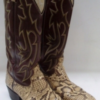 Pair of vintage Dan Post SNAKE SKIN leather Cowboy Boots - two-tone, snake skin bottoms with dark brown tops with embroidered detail - unmarked, approx  - Sold for $79 - 2012