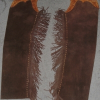 Pair full size leather COWBOY CHAPS with tooled leather top and suede legs with tassels - Sold for $43 - 2012