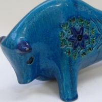 1970's BITOSSI Italian ceramic BULL - Blue glaze with stamped floral pattern in blues and greens - marked to base - 32cm long - Sold for $201 - 2012