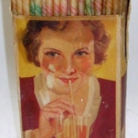 Box of McNIVEN'S Sundae Straws, fab advertising to all sides and contents of approx 300 striped wax straws - Sold for $55 - 2012