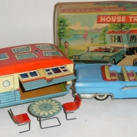 Box tin friction late 1950's  House trailer -  Ford Fairlane convertible with caravan , table, chairs, made by Haji, Japan - exc Cond - Sold for $1891 - 2012