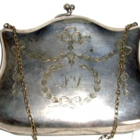 Edwardian silver plated purse with floral engraved pattern, chain with circle  for chatelaine - c1900 - Sold for $92 - 2012