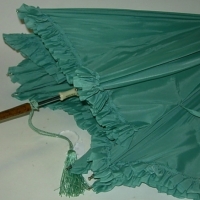 1960's ladies UMBRELLA with turquoise frilled shade & wooden handle - Sold for $30 - 2012