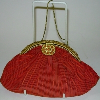 1920's coral coloured fabric Evening Bag with gilt ORMOLU frame & handle with coral stones - Sold for $49 - 2012