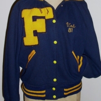 The Standard Pennant  Co. CHEERLEADERS LETTERMANS Jacket (Big Run PA) dark blue with large collar, Franklin Regional Cheerleader in yellow embro - Sold for $61 - 2012