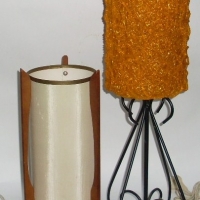 2 x Retro 60's70's Lamps - Orange plastic spaghetti shade on black wrought iron base and small Rocket lamp with teak legs - Sold for $79 - 2012