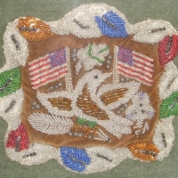 Framed Native American MOHAWK Indian BEADWORK Panel - Dove Holding Branch & American Flags to either side, Feather shaped boarder, on Mustard  - Sold for $134 - 2012