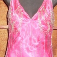 RUTH TARVYAAS hot pink satin Evening Dress - heavily beaded with silver sequined strands - knee length with shoe string straps & v-line neck -  - Sold for $85 - 2012