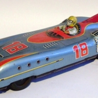 1950's TIN TOY Friction AOSHIN (ASC) RACING CAR - No 18 complete with driver - JAPAN Made - missing one hub cover - Silver blue & red racing t - Sold for $98 - 2012