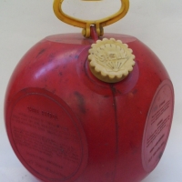 Red plastic SHELL PETROL container - round, septagonal shaped Yellow handle and cap 2 gallons capacity - Sold for $37 - 2012