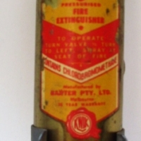 KWIK brand Brass FIRE EXTINGUISHER - Very small size, Made in Melbourne by Baxter, original label & mounting bracket - 15cm L - Sold for $43 - 2012