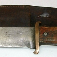 MELBOURNE Made Bowie Knife - markings to Handle but worn, in original leather sheath, wooden Handle, etc - Sold for $37 - 2012