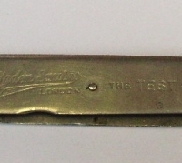Ogden Smith 'THE TEST' Fishing Knife, named after THE TEST River in Britain - text to one side + Hook sizes & measure to other, all  - Sold for $43 - 2012