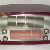 HMV Little Nipper Radio - burgundy plastic case, model 64-52 - sticker to back states restored by Nostalgic Wireless - Sold for $92 - 2012