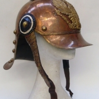 c1890's style Copper & Brass PRUSSIAN German PICKELHAUBE Helmet - Large Eagle badge to front, soft leather insert w Chin Straps, etc - Fab C - Sold for $268 - 2012