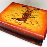 AUSTRALIAN lidded Trinket box with LYREBIRD pokerwork image to lid - 15cmx20cm - Sold for $30 - 2012