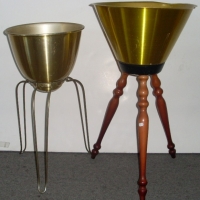 2 x retro Cambur yellow anodized Planters on stands - one with metal stand, one with wooden stand - both large sizes - Sold for $55 - 2012
