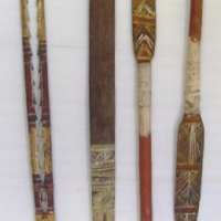 2 x pieces 1940's  Australian tribal -  woomera with cross hatch decoration with original finial bound in natural fibres plus cut down twin prong spear - Sold for $171 - 2012