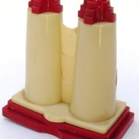 Plastic 1 piece DECO Salt & Peppers - Castle or Tower like, with Push Button mechanism to base, Red & White colour - Sold for $30 - 2013