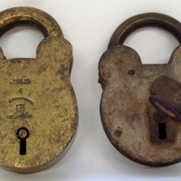 2 x large padlocks - brass made in Melbourne & another marked VR with crown, has key - Sold for $49 - 2013