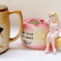 2 x Pieces - Kitsch c1970's Japanese chine - 'LET EM SWING' Mug w Female Nude & Pipe shaped ASHTRAY w Seated Nude to stem - Sold for $49 - 2013