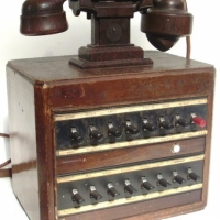 Dictograph Telephone System - Wooden cased, mottled brown bakelite cradle and hand piece with multi-exchange switches - registered 'Corydon' t - Sold for $140 - 2013