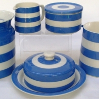 5 x pces.  TG GREEN Cornish Ware with typical blue & white banding inc - lidded canister, lge jug, cheese dish, milk jug etc - Sold for $214 - 2013