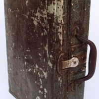 small metal suitcase handmade from VACUUM OIL tin, with handle and lock - Sold for $122 - 2013
