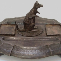 Victorian Australiana embossed silver plated presentation Desk Stand with kangaroo to centre - square ink pots missing - engraving incl for effort - Sold for $317 - 2013