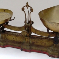 Pair of sweets scales, marked W & T Avery to weigh 4lb brass pan & tray with brass weights - Sold for $85 - 2013