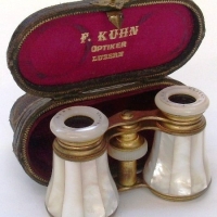Pair of Victorian mother of pearl & brass F Kuhn, Luzern Opera glasses in original  leather case - gc - Sold for $98 - 2013