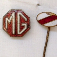 2 x enamel badges pins - South Melbourne Football Club football shaped stick pin & MG badge - Sold for $37 - 2013