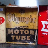 3 x  automotive items - 2 x SHELL 1 gal OIL TINS & boxed OLYMPIC car tyre tube - Sold for $43 - 2013