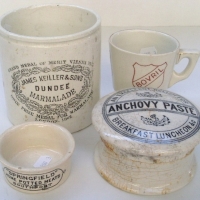 Group lot vintage advertising ware inc - Anchovy paste pot with lid, James Keiller & Sons Marmalade pot, 'Springfield' home potted meat pot & Bovril c - Sold for $55 - 2013