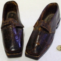 Pair of Victorian miniature leather Love TokenMarriage shoes - beautifully made with tiny studs in heel forming initials & carved heart to other - Sold for $79 - 2013