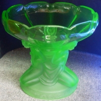 Art Deco green Uranium glass bowl with frosted  figural stem & base  featuring three kneeling nudes and draped fabric - 22cmsD, 20cms H - Sold for $512 - 2013