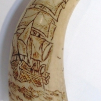 Scrimshaw tooth featuring sailing ship & initials KEK - 8cms L - Sold for $73 - 2013