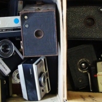 2 x boxes of vintage camera including Kodak Box Brownies, Olympus 35mm camera etc - Sold for $61 - 2015