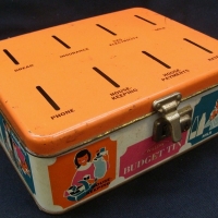 Fab vintage WILLOW 'Budget' cash tin - 8 coin slots with compartmented inside - fab images to sides - Sold for $24 - 2015