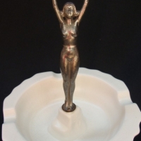 GOUDA ceramic ashtray with chrome plated 'Diana' type figure to centre, Made in Holland, marked to base - Sold for $24 - 2015